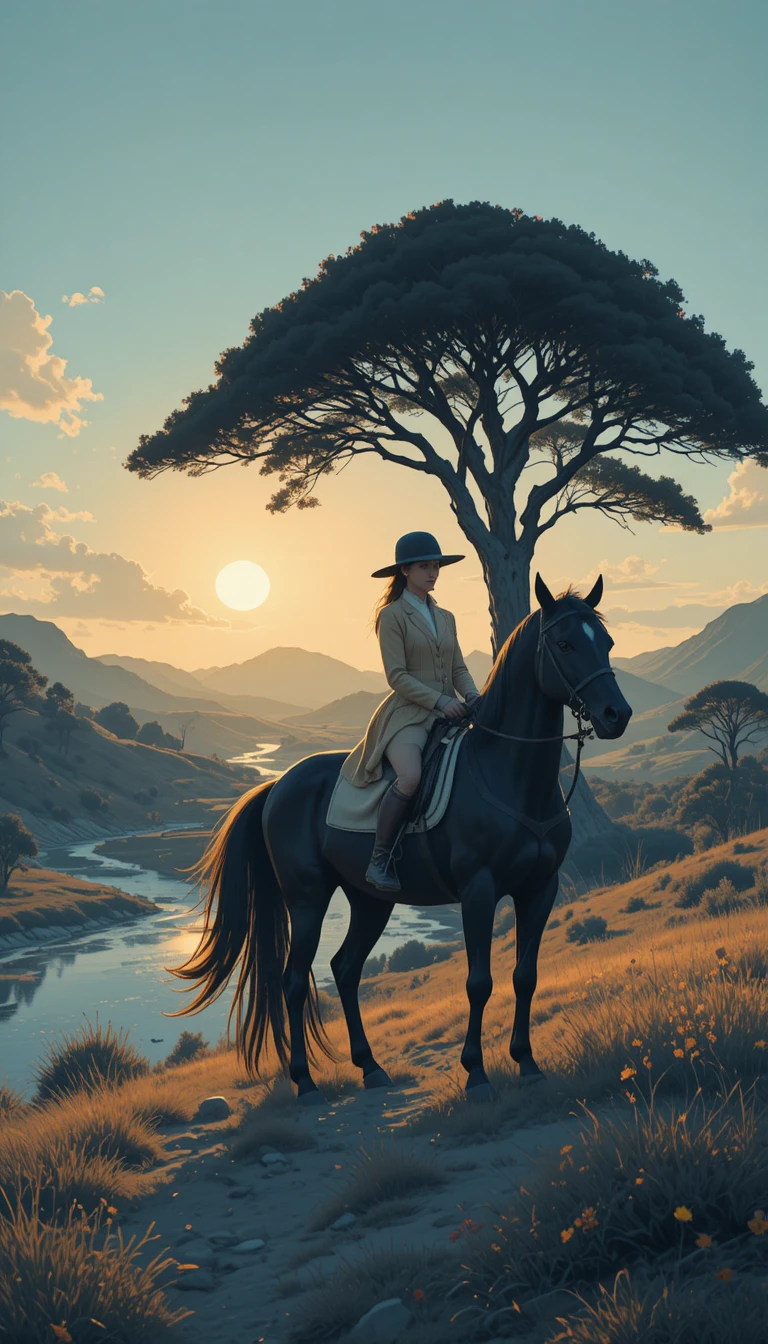 Woman riding a black horse at sunset by a riverside tree