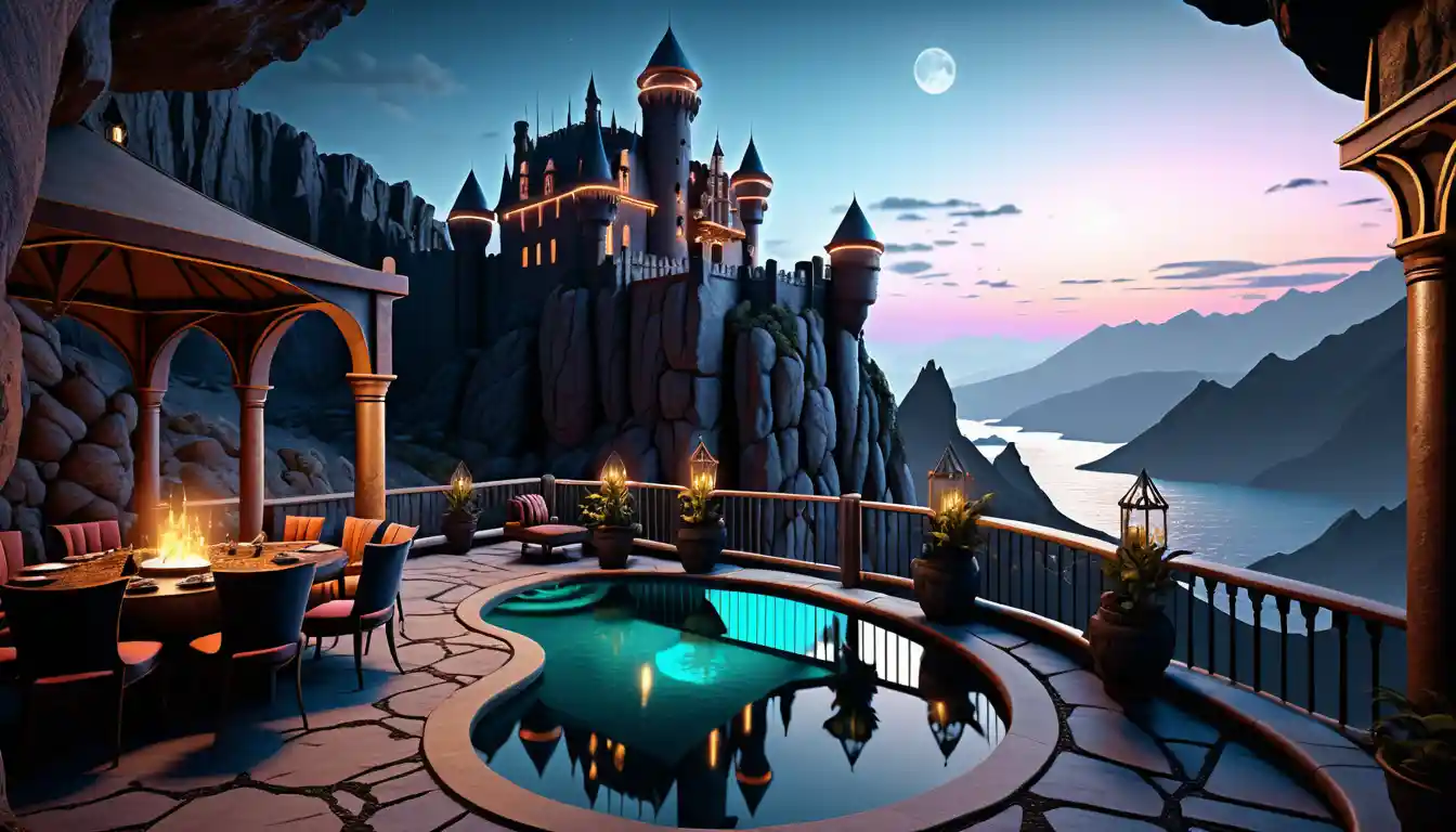 Luxurious balcony lounge overlooking a dark mountain castle