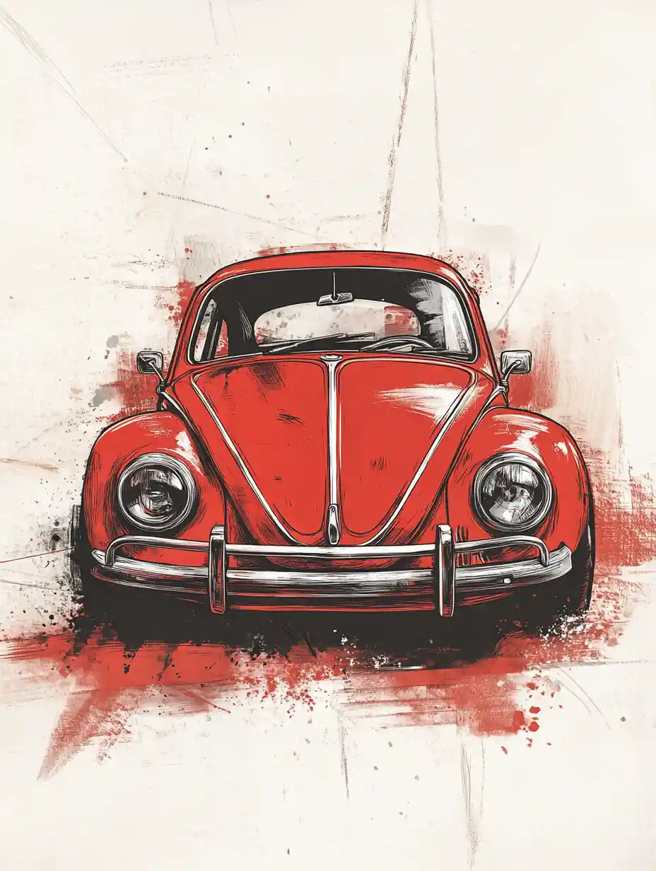 紅色復古甲殼蟲汽車的表現派素描插畫