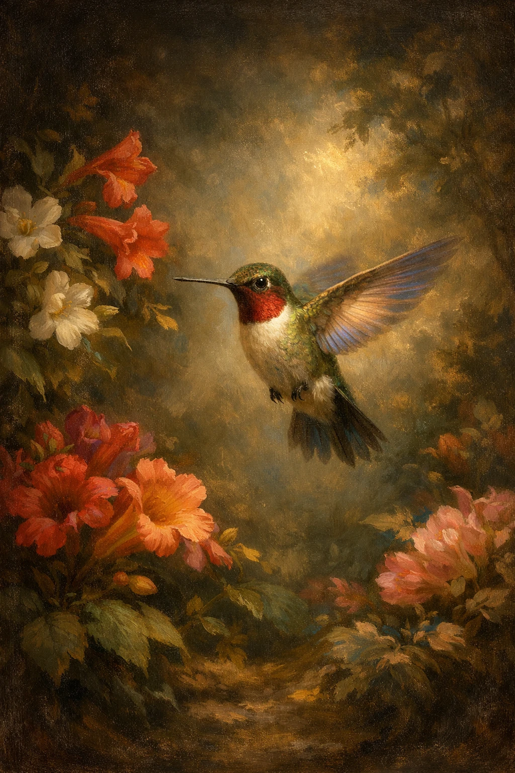 Retrato clássico a óleo de um minúsculo beija-flor entre flores