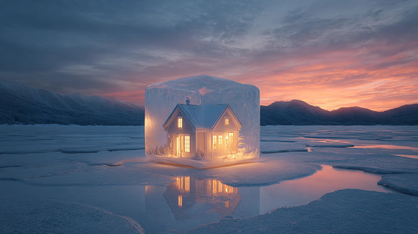 Tiny glowing house frozen inside ice in snowy sunset