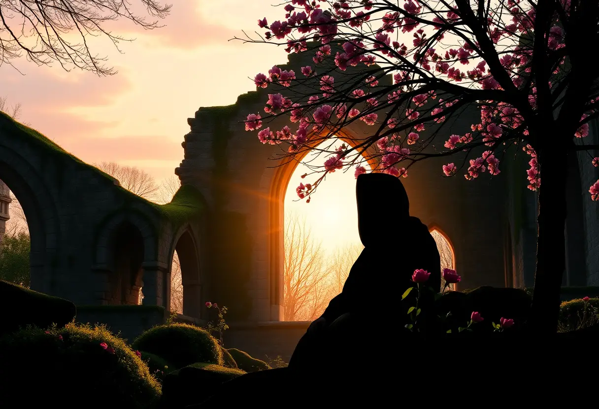 Hooded monk at dawn in a tranquil stone monastery garden