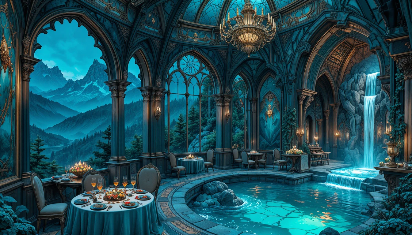 Jantar luxuoso na varanda de um castelo fantástico na montanha