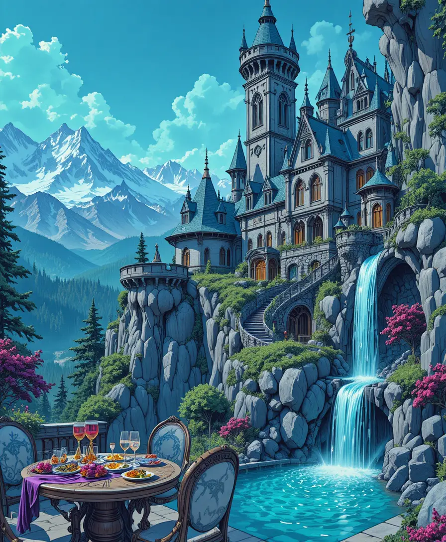 Lujoso balcón de castillo de fantasía con vistas a cascada de montaña