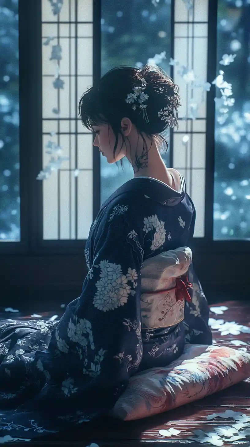 Young woman in indigo kimono by moonlit shoji window