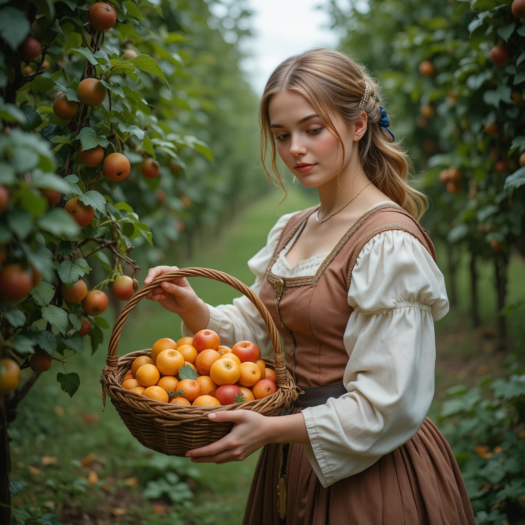 Medieval woman picking fruit in a quiet green orchard