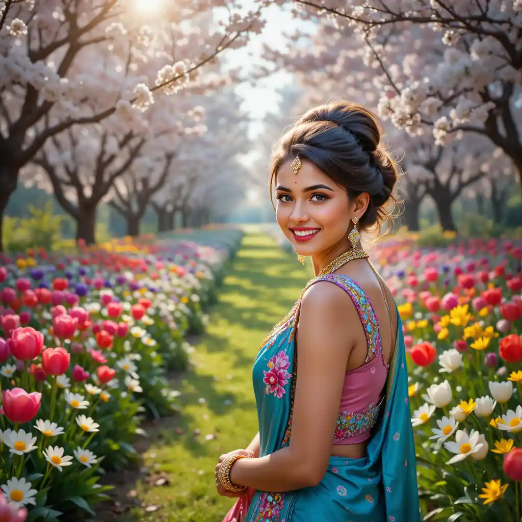 Femme indienne joyeuse en sari vert sarcelle avec bijoux en or