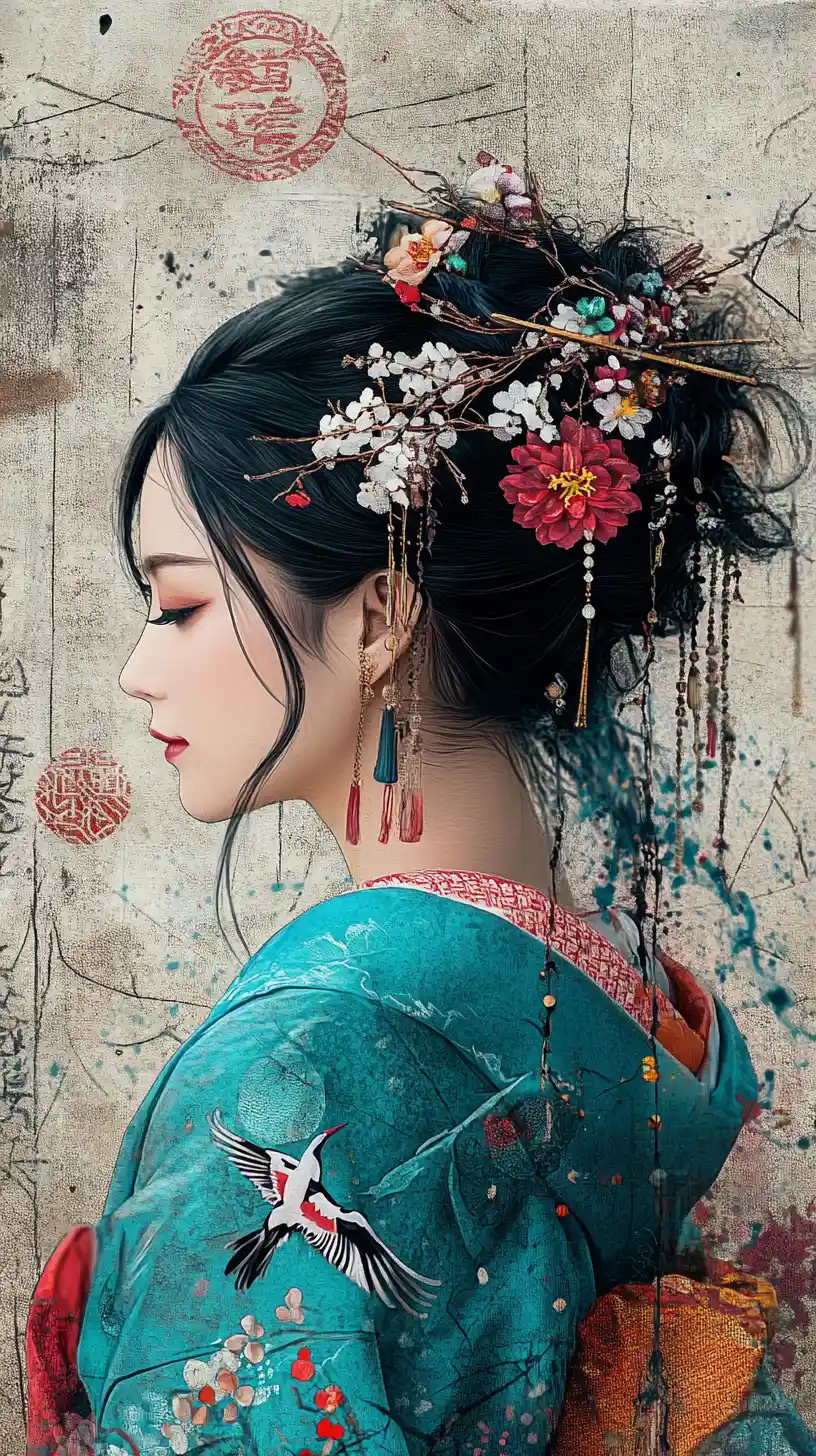 청록색 기모노를 입은 우아한 동아시아 여성의 3/4 초상