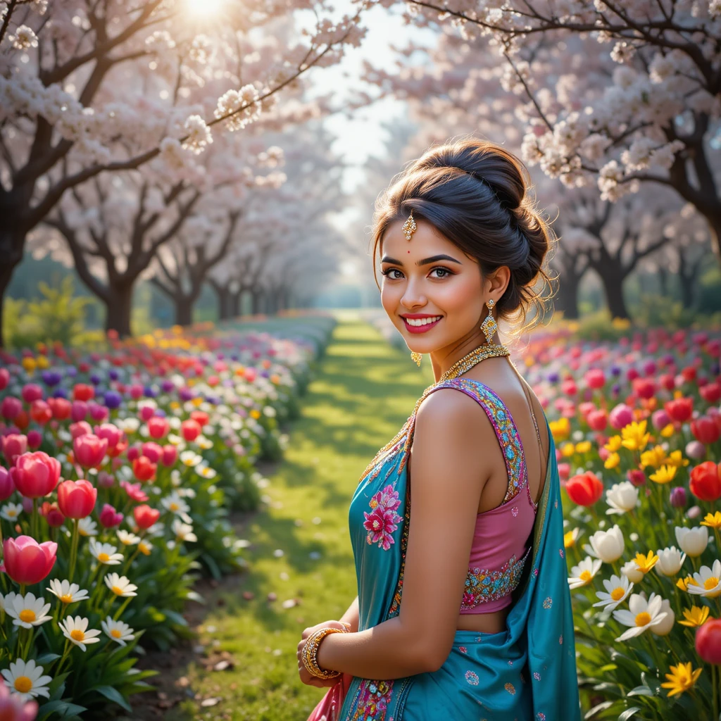 Mujer india alegre con sari color verde azulado y joyas de oro