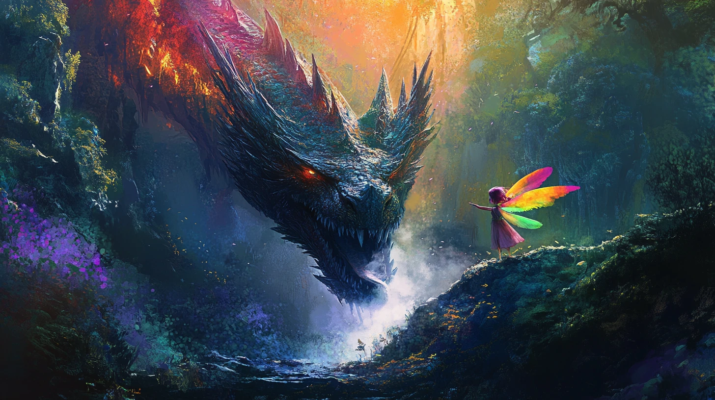 Fairy Standing On Dragon Nose At Enchanted Cave Entrance