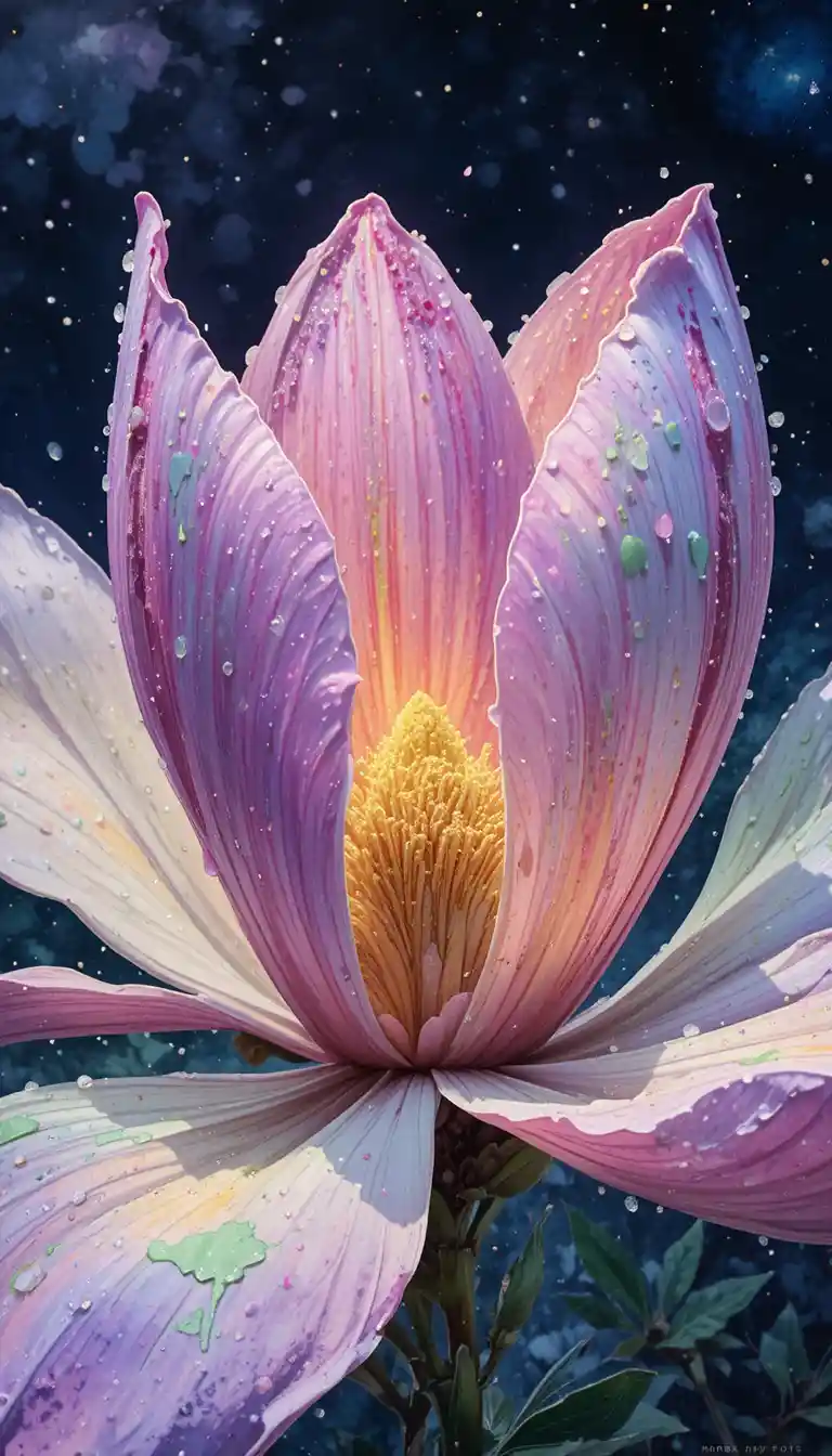 Fiore di magnolia in fiore sotto un cielo notturno scuro e stellato