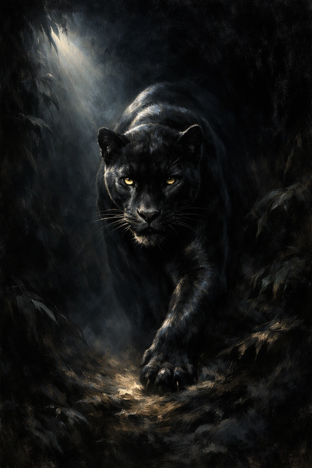 Schwarzer Panther, der aus den Schatten im dunklen Dschungel hervortritt