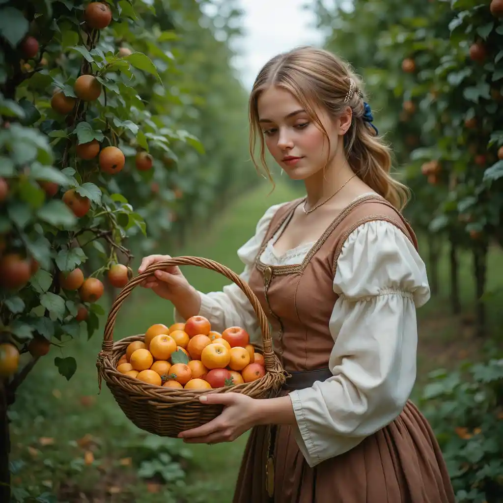 Femme médiévale cueillant des fruits dans un verger vert et paisible