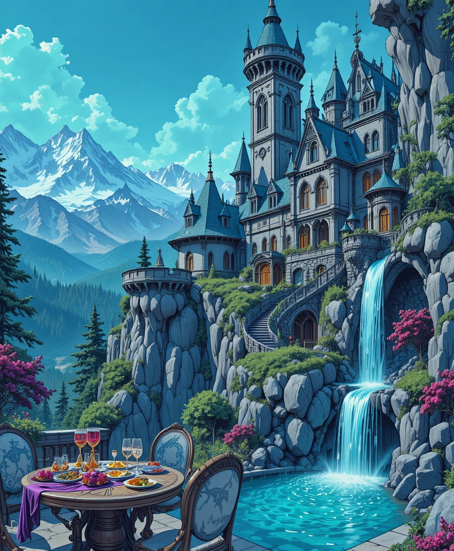 Luxuriöser Fantasy-Schlossbalkon mit Blick auf Bergwasserfall