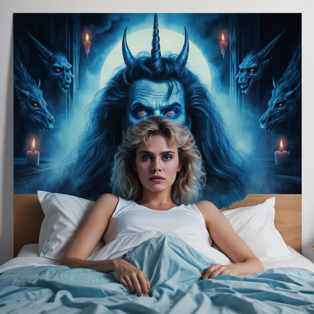 Woman in bed haunted by demonic dream face