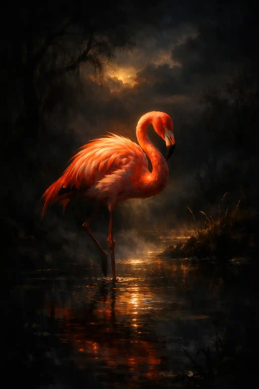 Chiaroscuro-Flamingo in dunklem Feuchtgebiet bei der Dämmerung