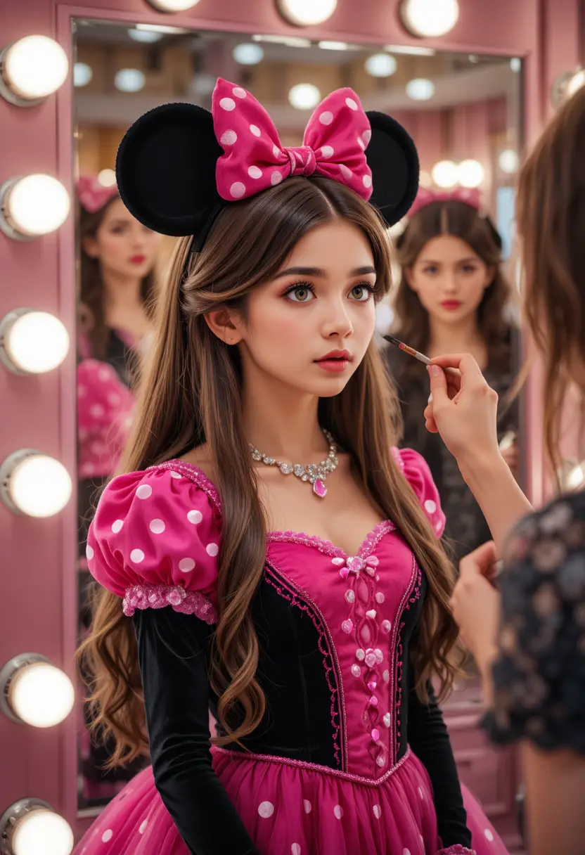 Menino com vestido rosa da Minnie em frente ao espelho de maquiagem da boutique