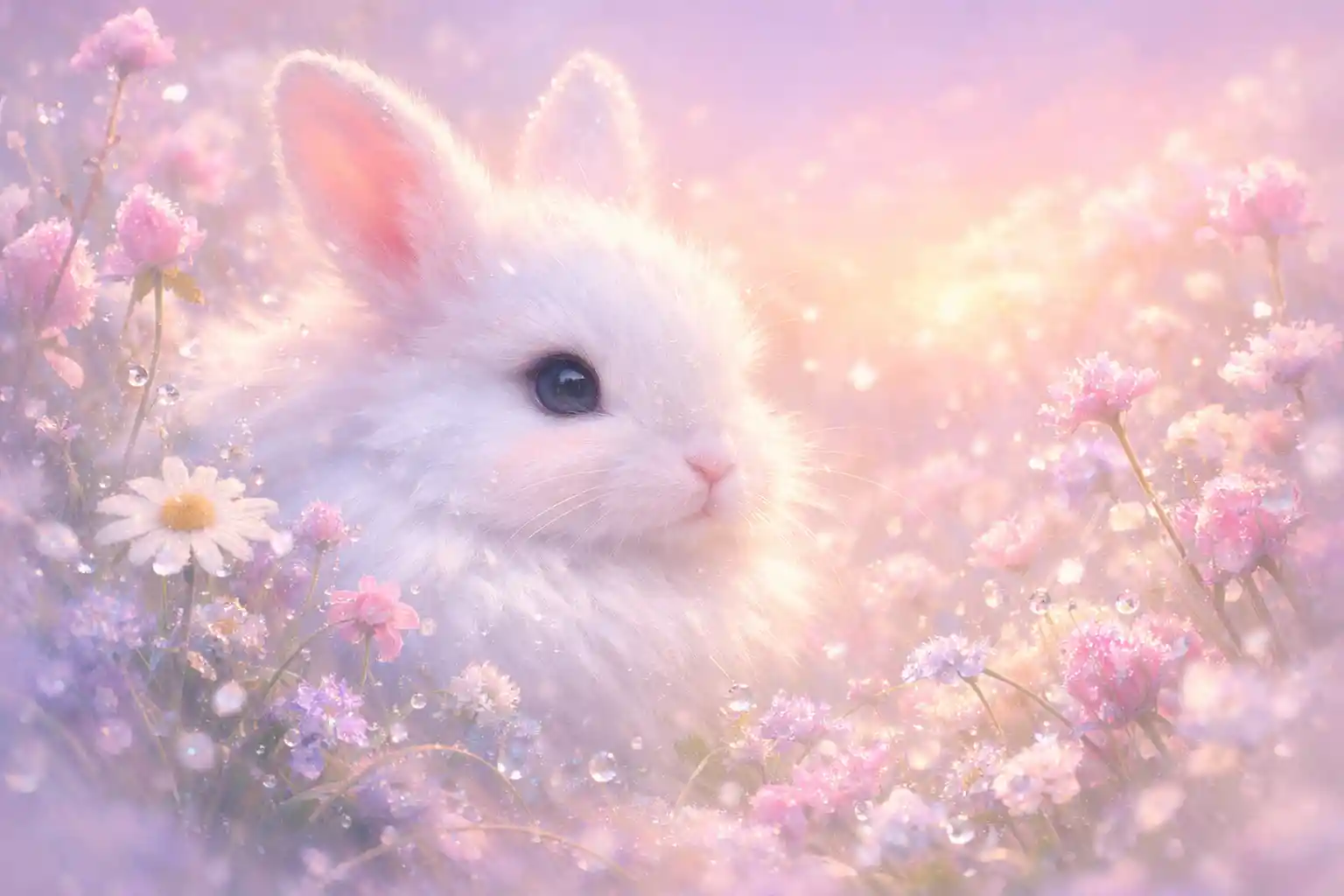 Conejo blanco en pradera pastel a la suave luz del amanecer