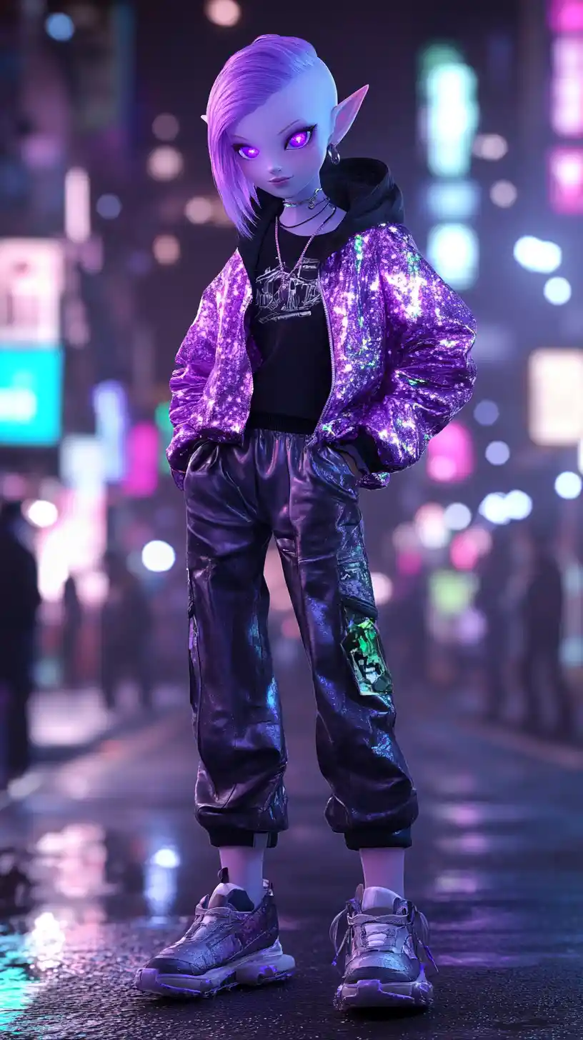Lila Alien-Mädchen auf neonbeleuchteter Cyberpunk-Stadtstraße