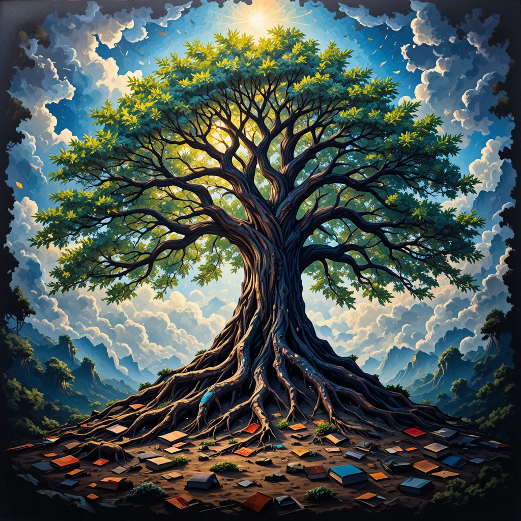Majestic tree of knowledge bathed in gentle forest sunlight