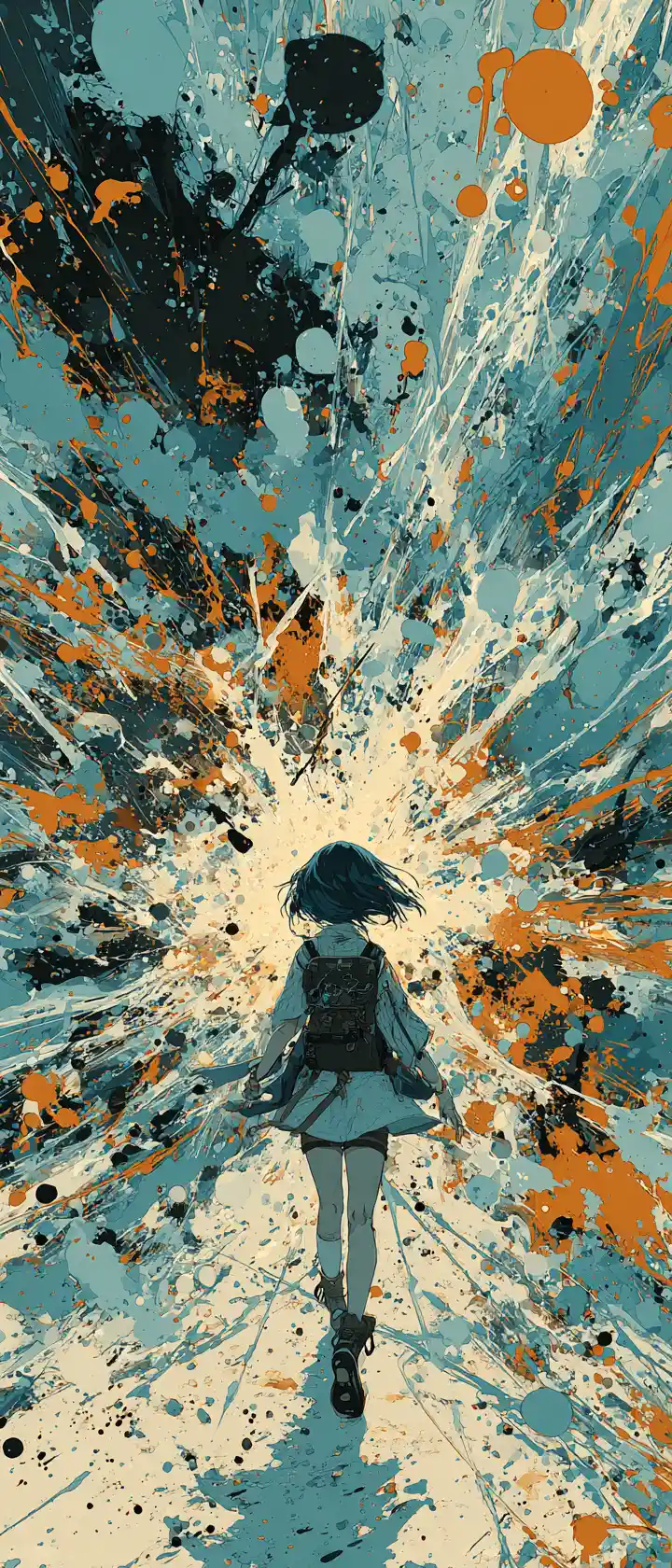 Anime-Mädchen, umgeben von chaotischen abstrakten Farbspritzern