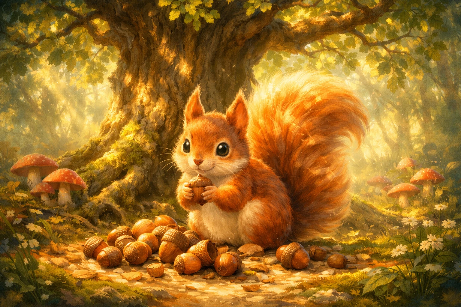 Scoiattolo curioso che raccoglie ghiande sotto una quercia antica nella foresta