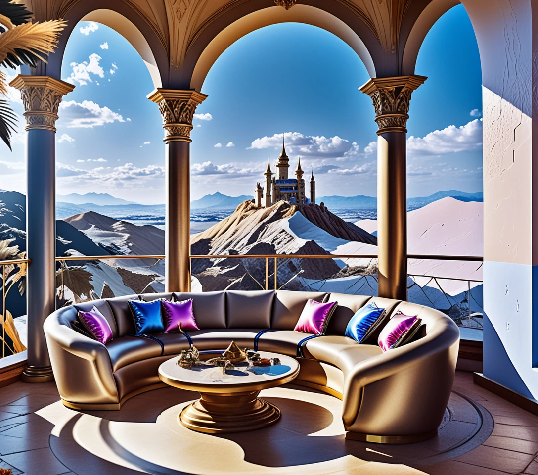 Castelo sombrio na montanha visto de uma luxuosa varanda de pedra