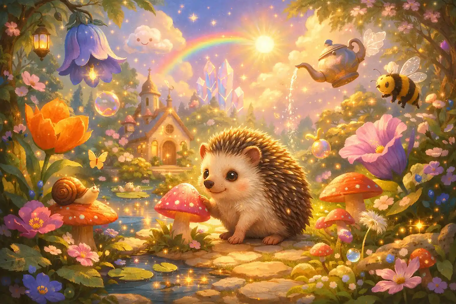 Curious hedgehog exploring a magical garden in bright colors