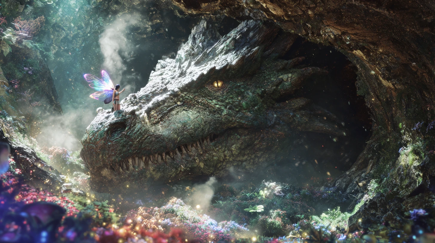 Dragão cinematográfico emergindo da caverna com uma fada minúscula