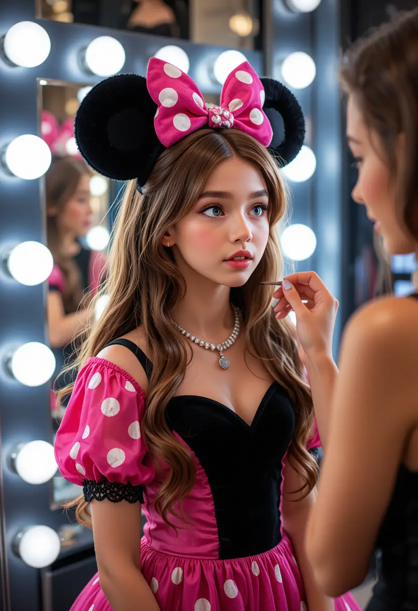 Menino apreensivo de vestido rosa da Minnie em frente ao espelho de maquiagem