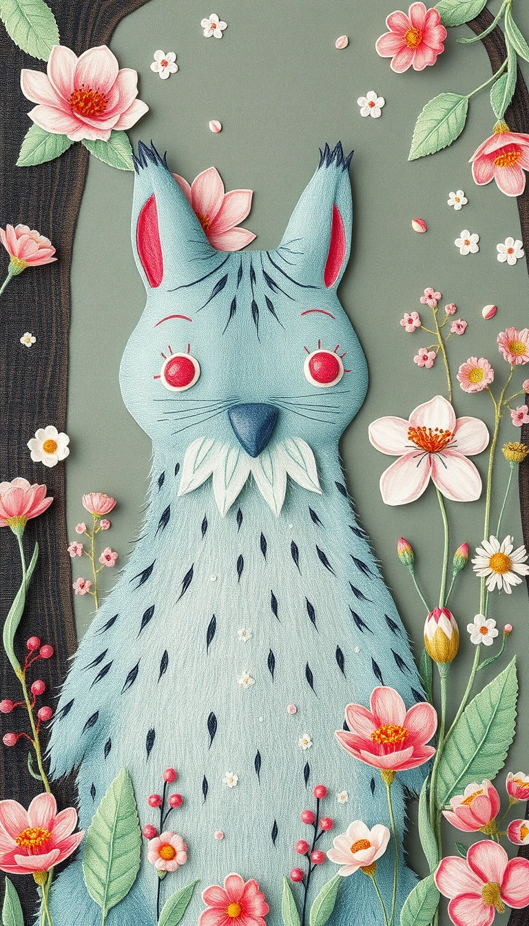 Cozy human figure in a big forest with wildflowers