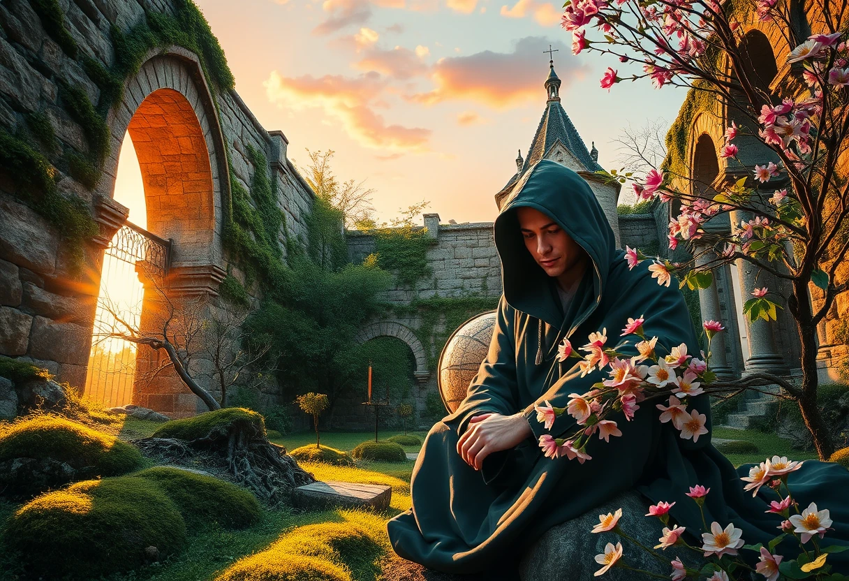 Monastery courtyard at dawn with a contemplative hooded monk