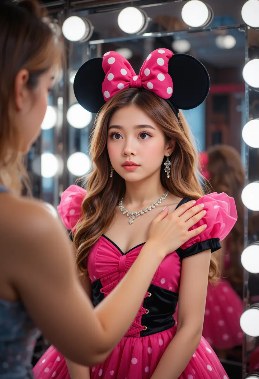 Junger Junge im pinken Minnie-Kleid im Boutique-Schminkraum