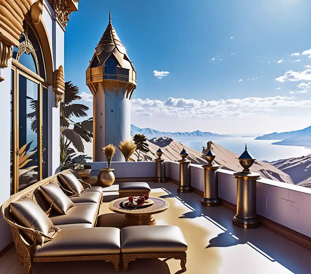 Castelo sombrio na montanha visto de um grande lounge na varanda