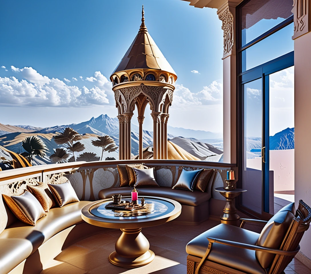 Castelo de fantasia sombria na montanha visto de uma varanda de pedra