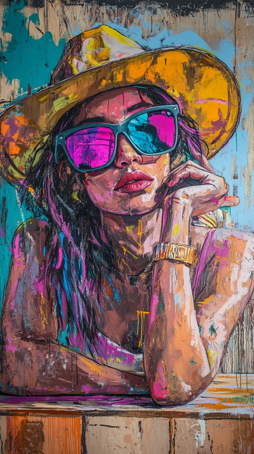 Femme avec des lunettes de soleil à une table en bois devant un graffiti urbain