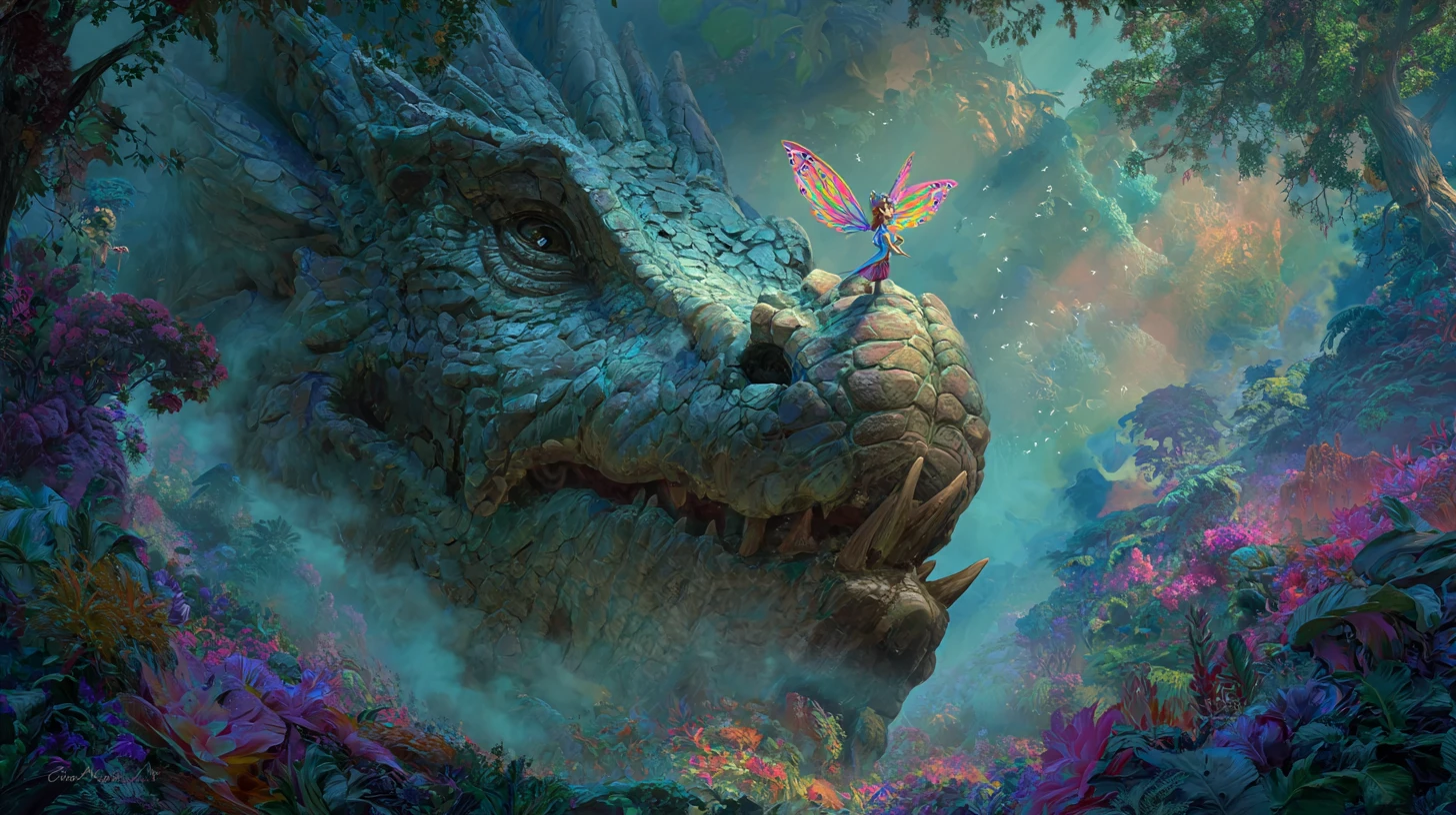 Drache und Fee am Eingang einer verzauberten Höhle