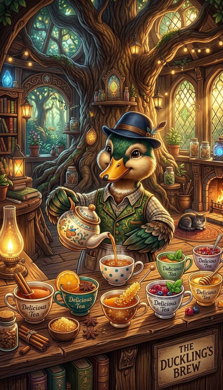 Anthropomorphic Duck Serving Tea In A Sunlit Treehouse