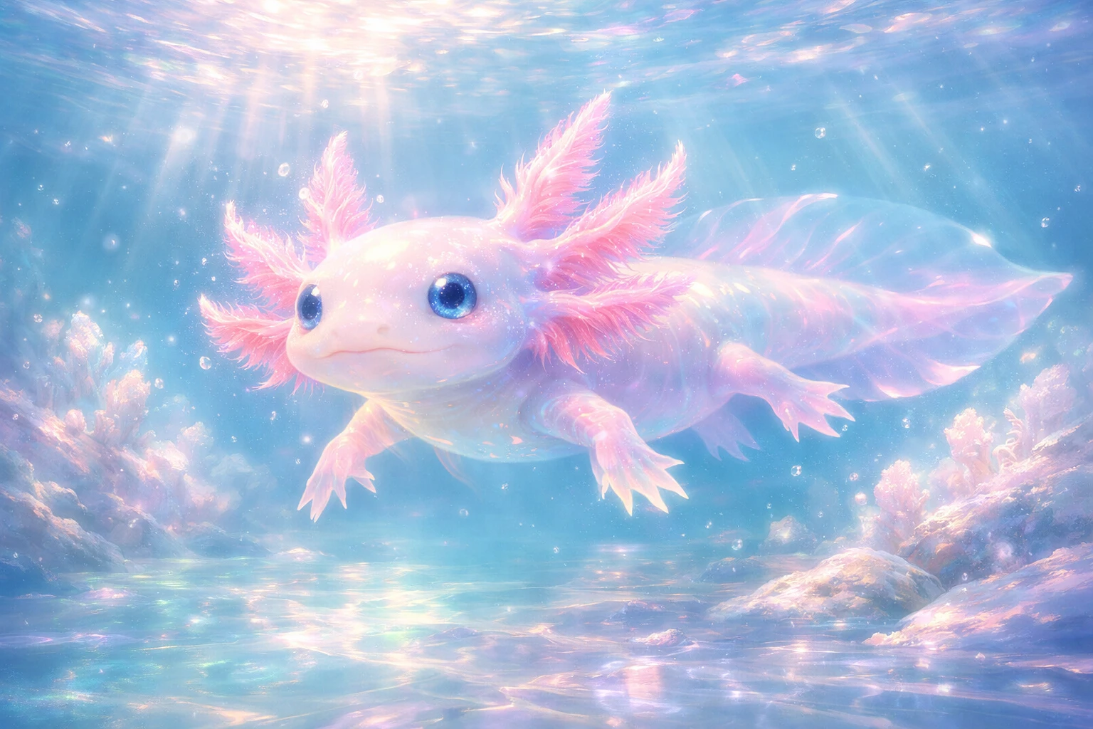 Leuchtender Axolotl in einer ruhigen Unterwasser-Traumlandschaft