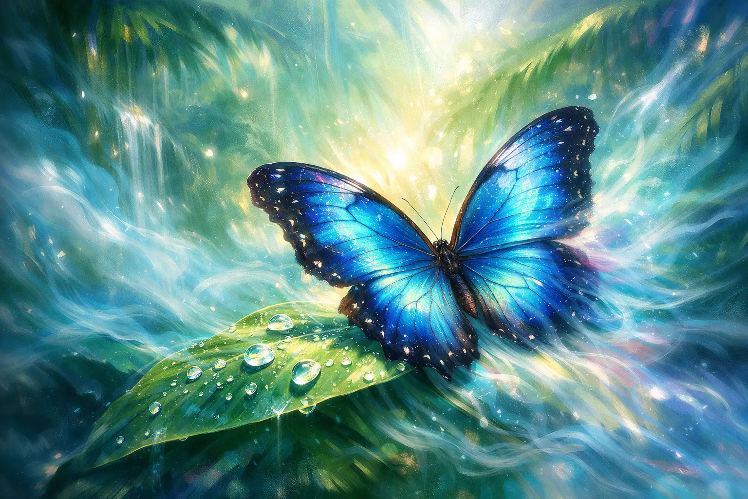 Papillon bleu onirique sur une feuille dans la lueur surréaliste de la forêt tropicale