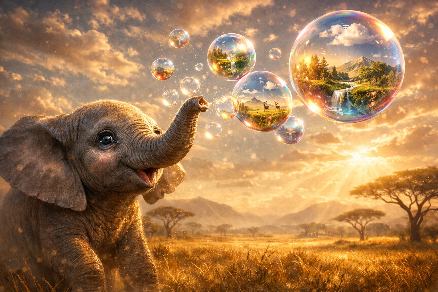 Baby-Elefant, der magische Blasen über der goldenen Savanne bläst