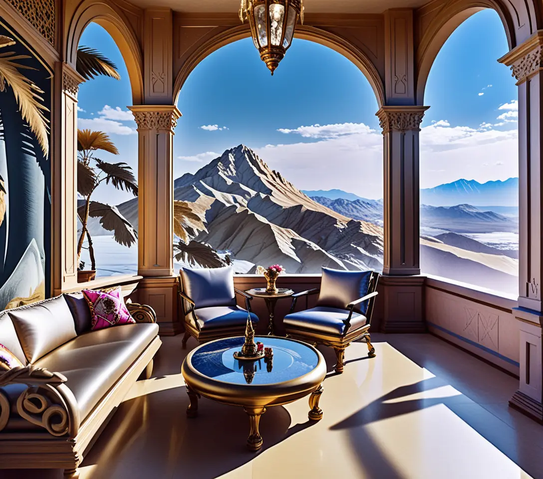 Castillo oscuro de fantasía en la montaña visto desde un elegante lounge en balcón