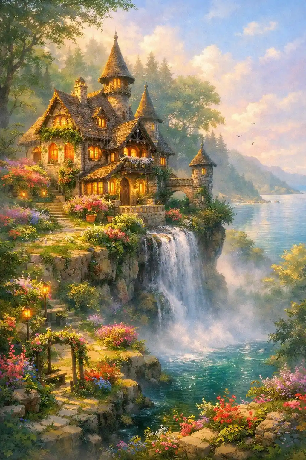 Fairytale house on a cliff above a river waterfall