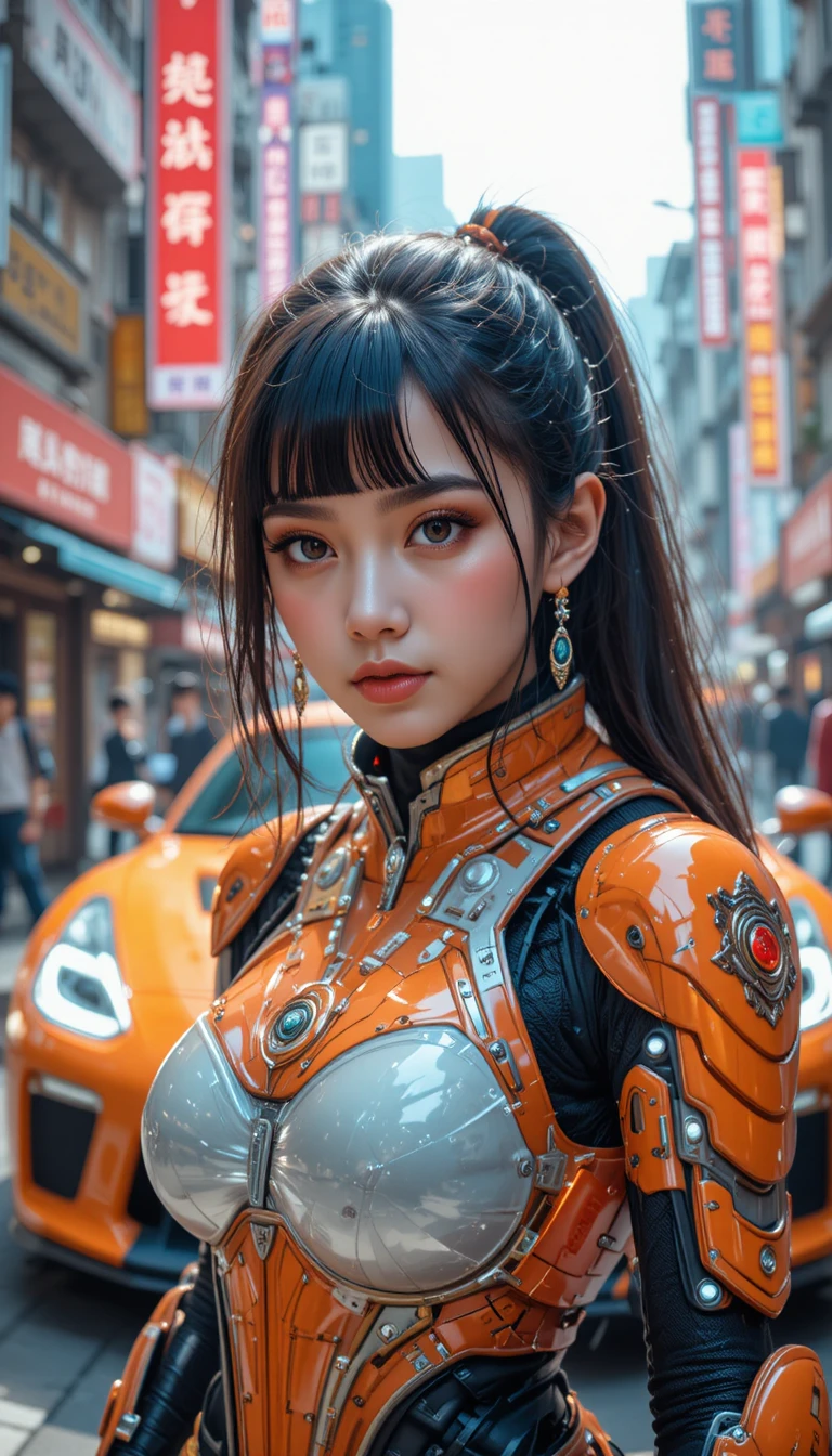 香港街頭上的機甲裝甲賽博龐克女子