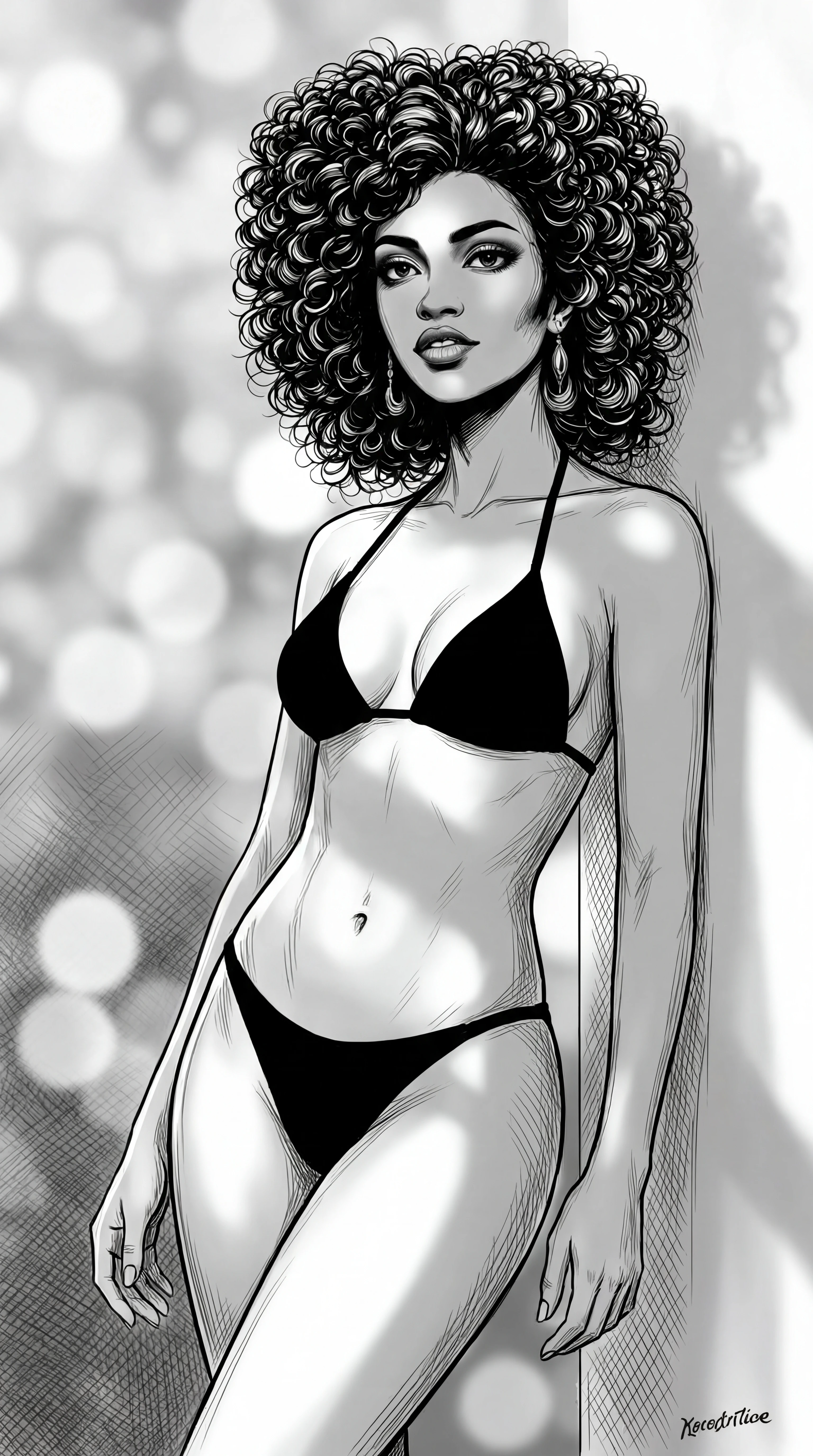 Supermodel in black bikini posing indoors with soft bokeh background
