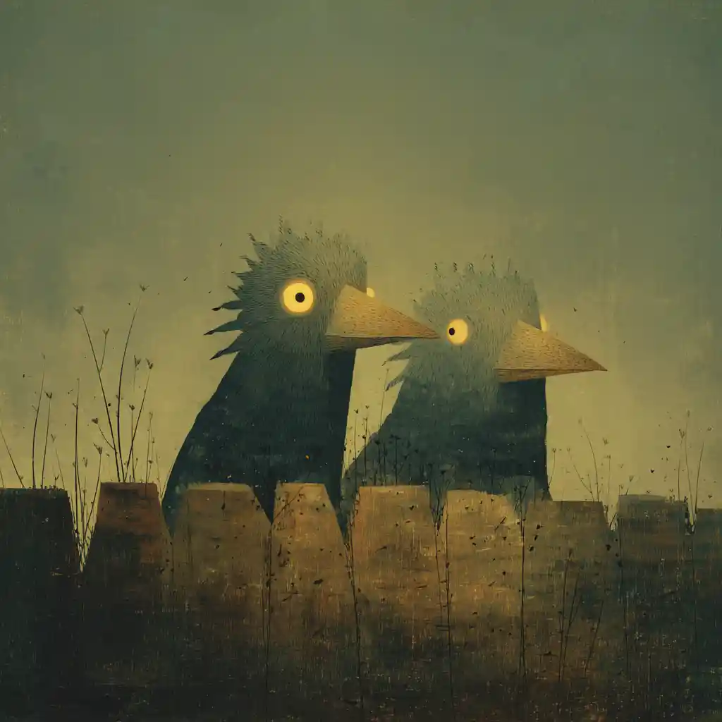Surreal Polish eagles wandering through misty rural fields