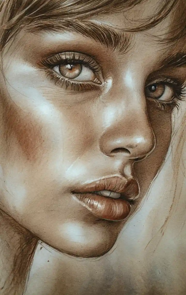 Realistic graphite portrait with blue eyes and red lips