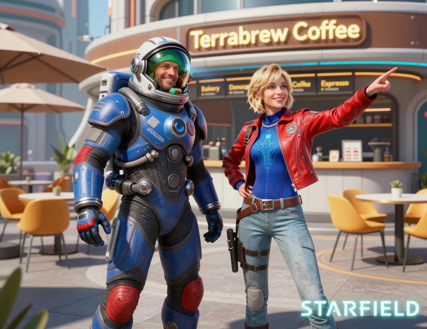 Casal futurista posando ao lado de uma cafeteria com tema espacial