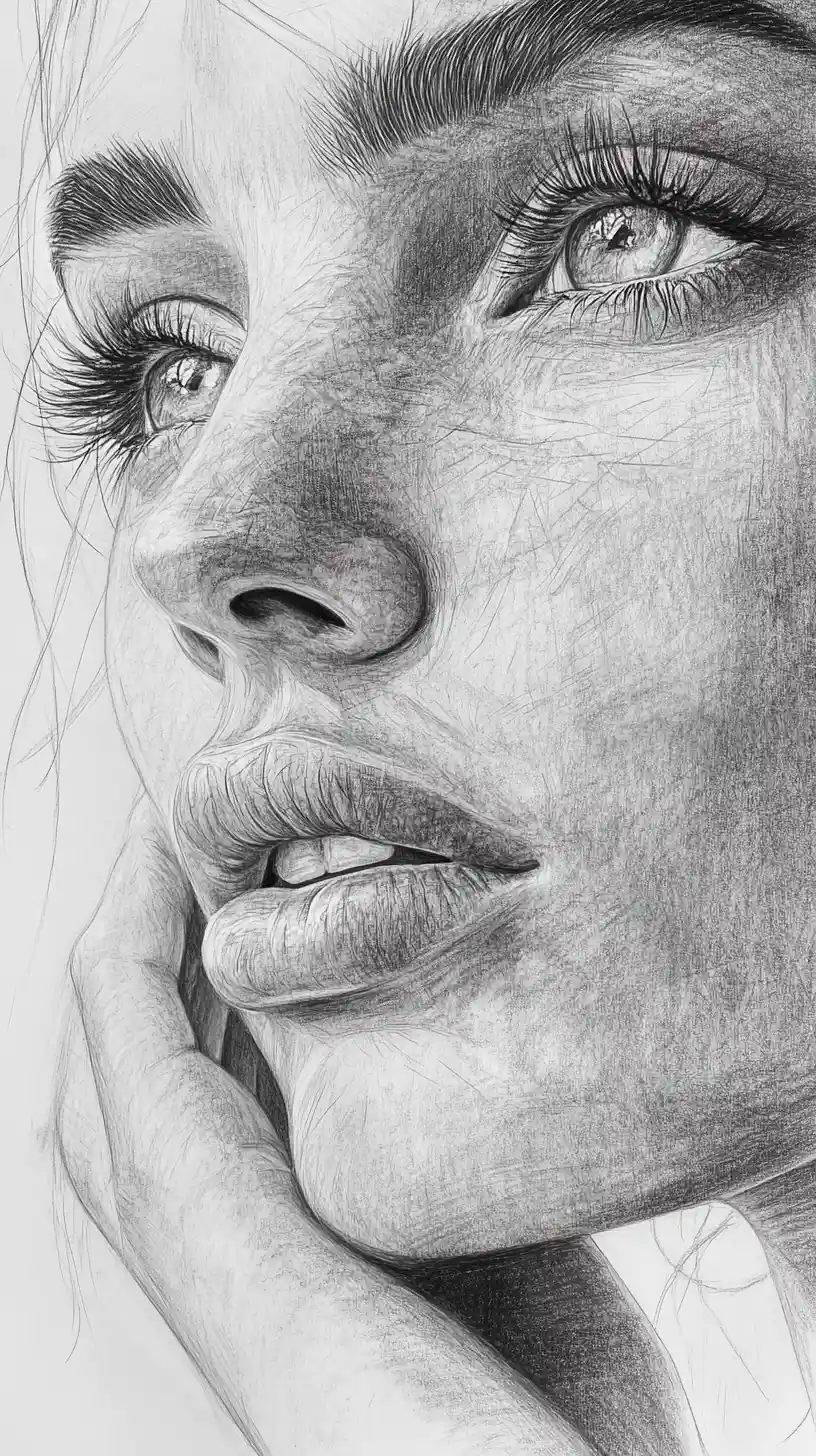 Contemplative pencil portrait of a girl in close up profile