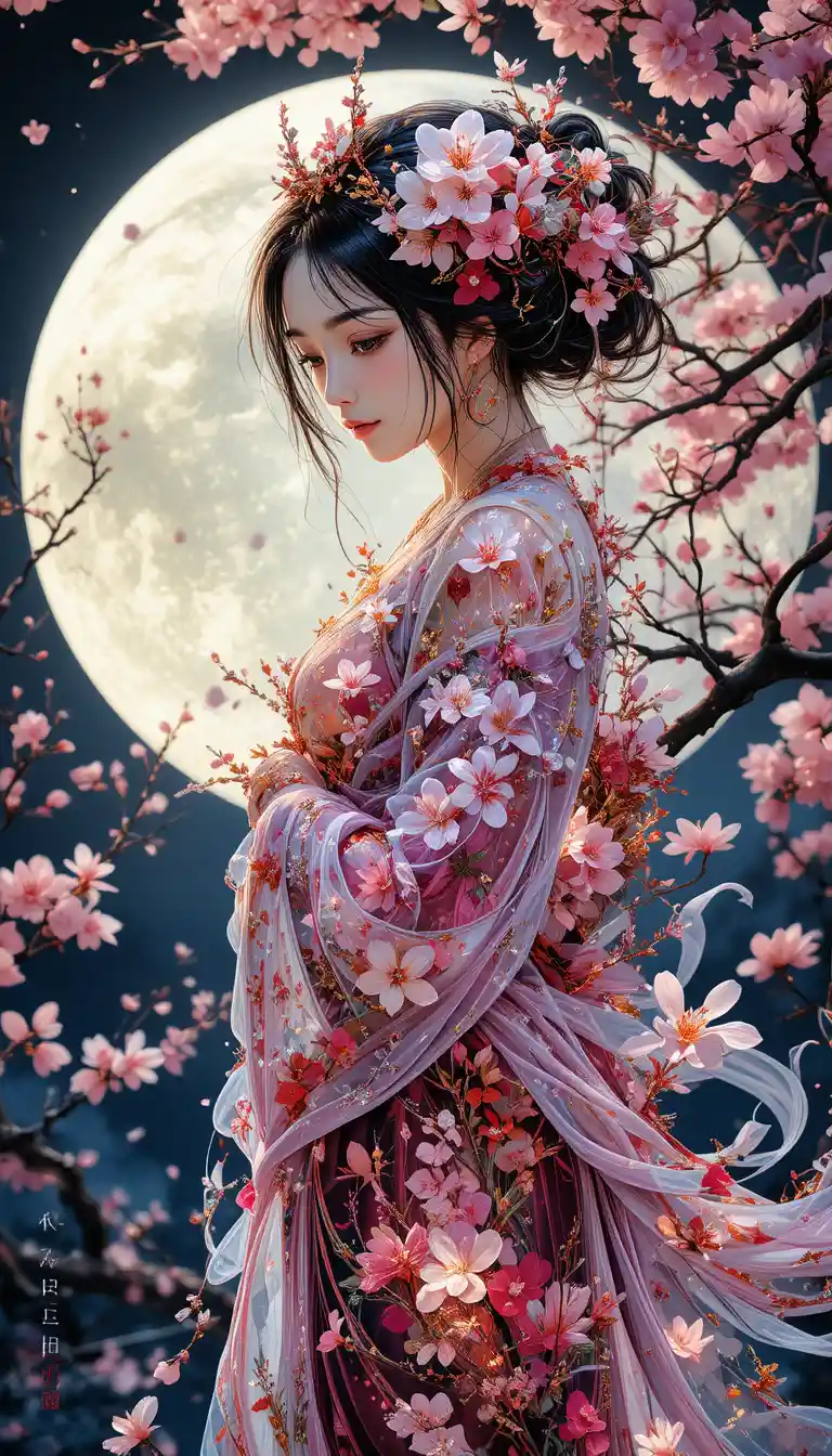 Mythic woman of cherry blossoms in moonlit fantasy scene
